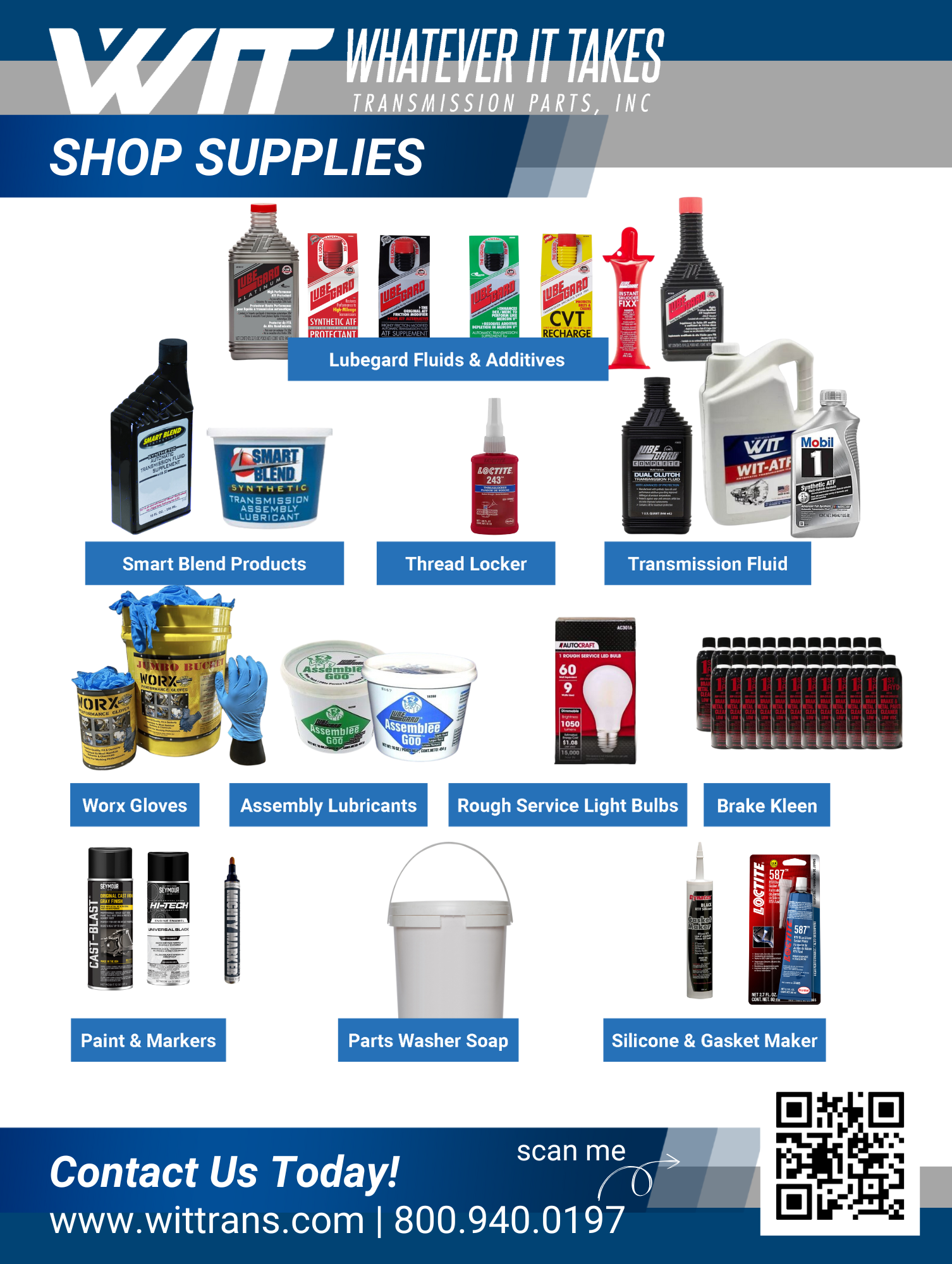 WIT shop supplies flyer showing fluids, cleaners, gloves and assembly lubricants